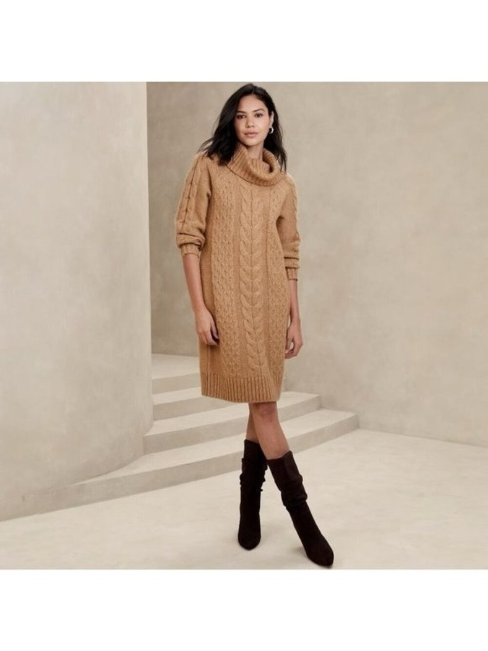 Banana Republic Tan Brown Cowl Neck Cable Knit Sweater Dress Wool Blend